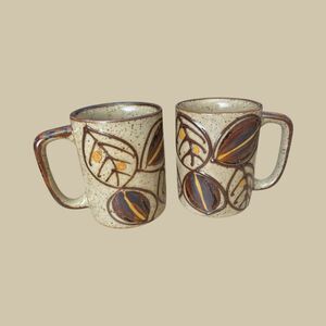 Vintage Stoneware Coffee Mugs Pair Hand Painted Leaf Design 1970s Retro Boho
